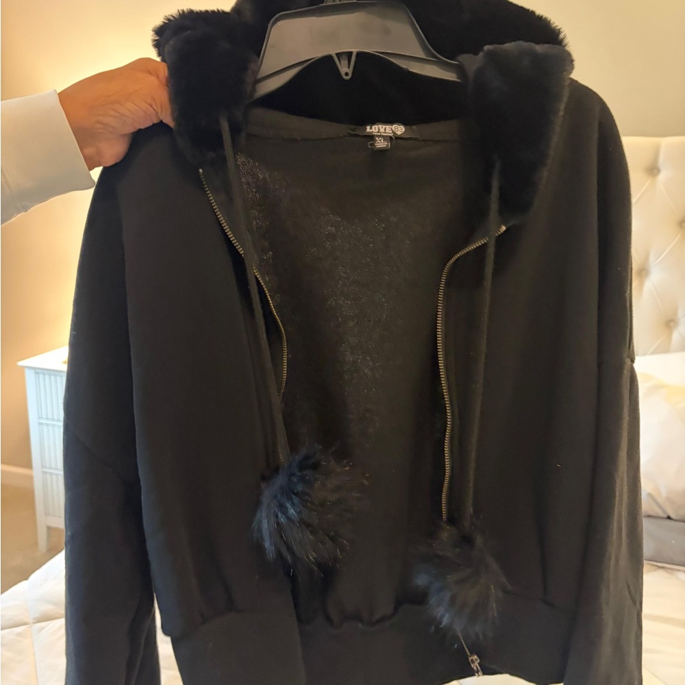 LOVE Black Faux-Fur Trim Zip Hoodie